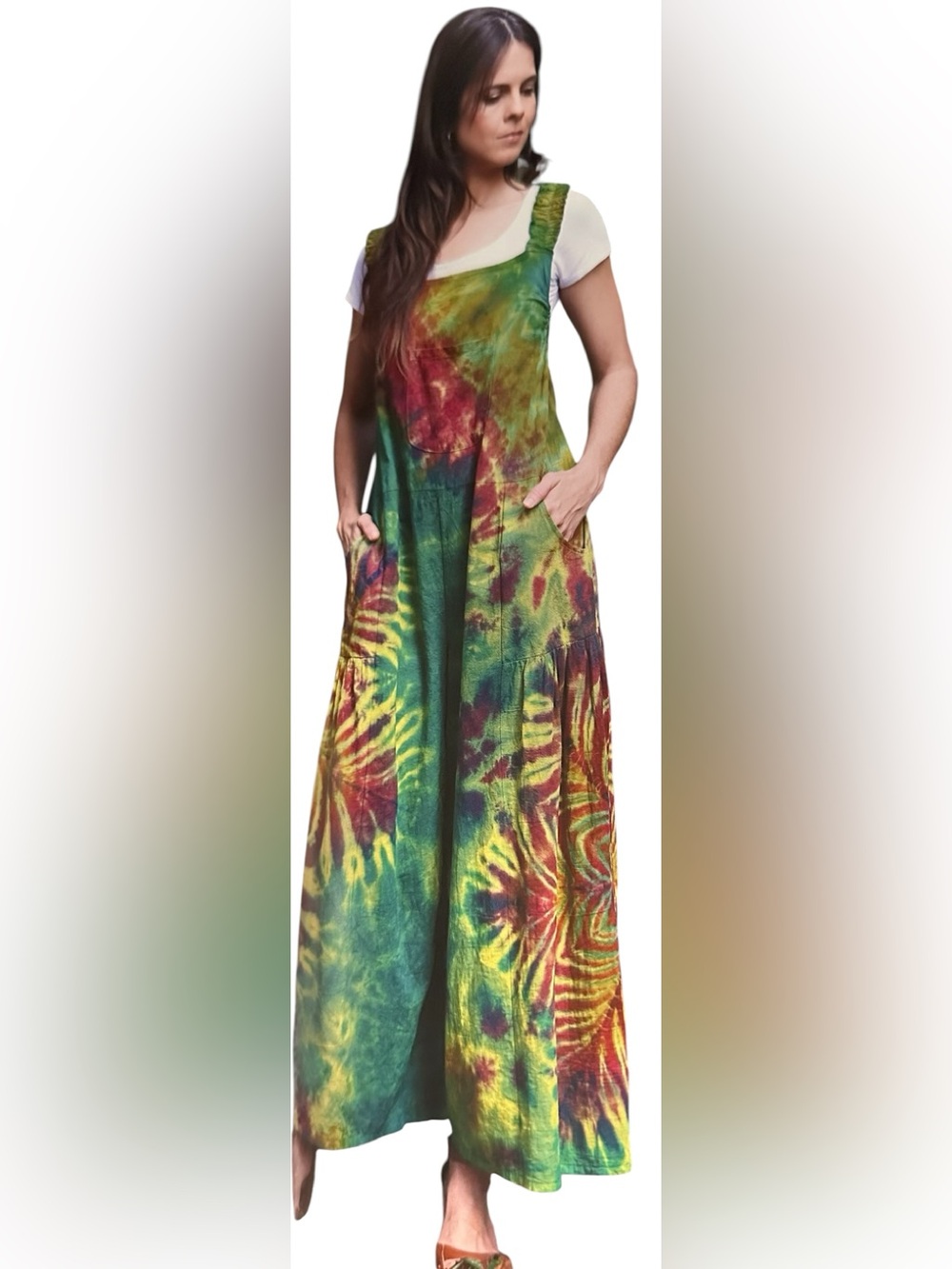 Sacred Threads Tie-Dye Wide Leg Jumpsuit in Green, Yellow, Red. 6227 CL/GY01